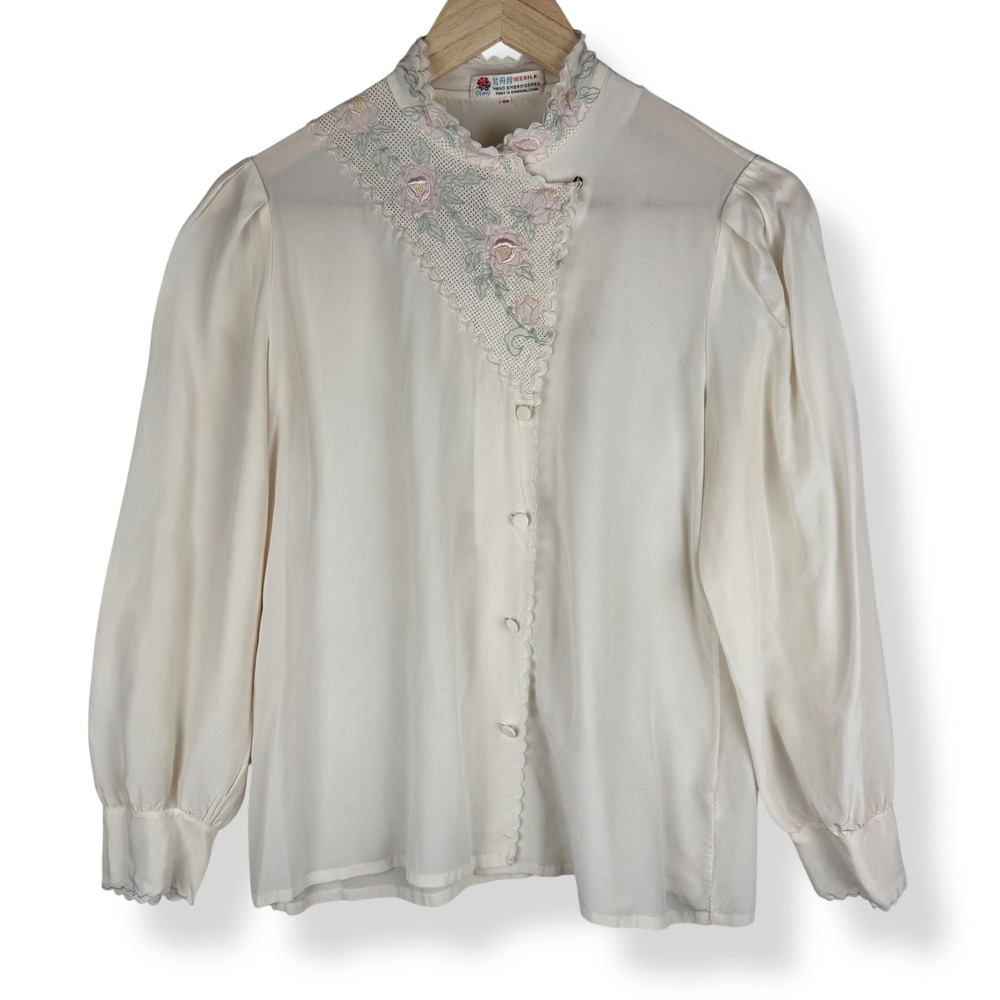Vintage Peony 100% Silk Top Womens Size Medium 38 Hand Embroidered Shanghai 80s